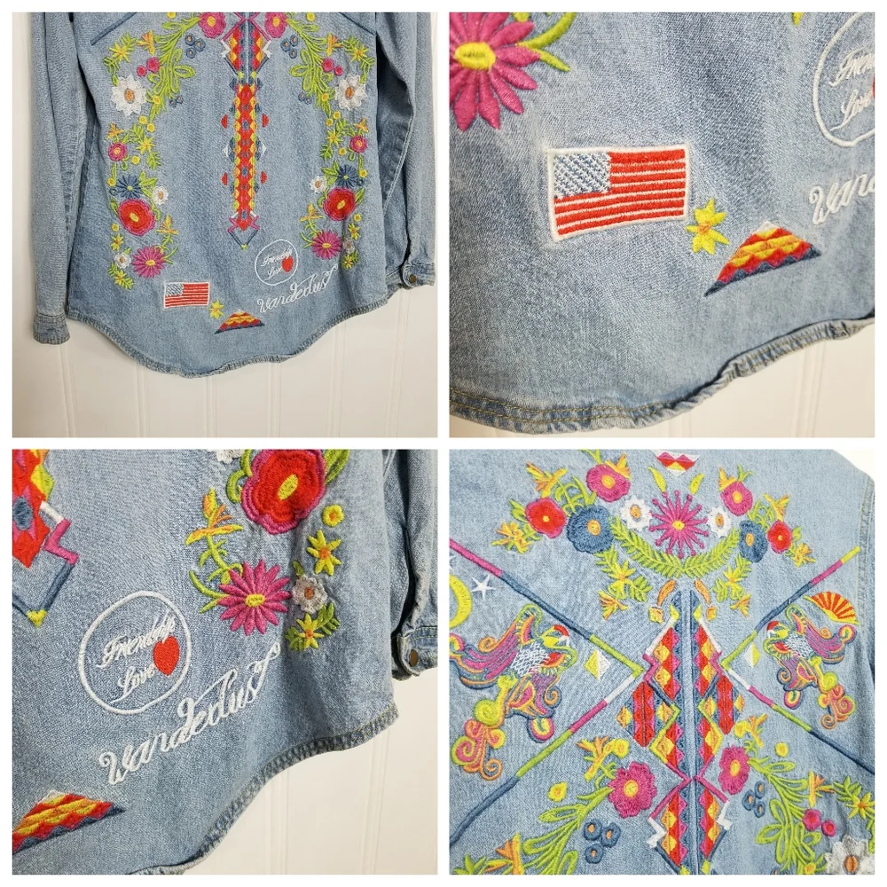 Free People Home Made Denim Shirt Wunderlust Embroidered Sz L - Picture 8 of 15